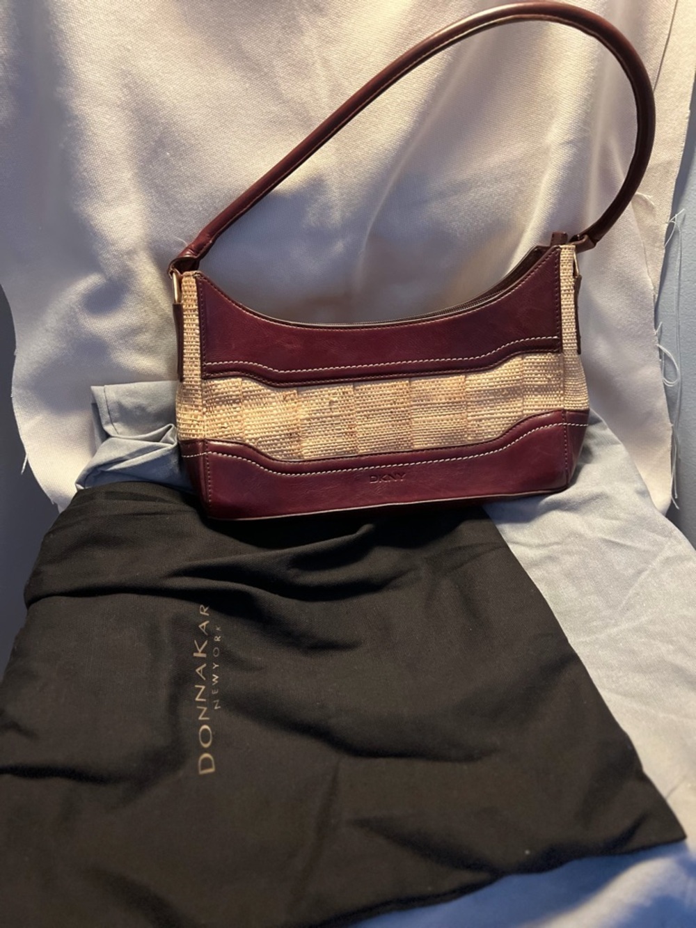 Donna Karan Wine and Natural Straw Shoulder Bag